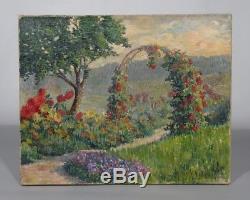 Vintage French Oil Painting, Brécy Garden Summer landscape Flowers, Signed, 1934