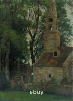 Vintage French Oil Painting Church, Chapel, Cross, Brittany, Signed, 1947
