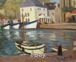 Vintage French Oil Painting, Port-en-Bessin, Normandy, Seascape, Boats, Signed
