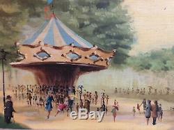 Vintage French Signed Pierre Oil Board Paris Carousel Scene Impressionistic