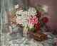 Vintage French Still Life Roses With Chinoiserie Oriental Bird Fabric Signed Oil