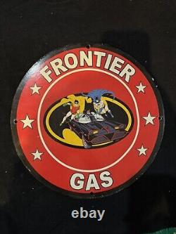Vintage Frontier Batman Porcelain Gas Station Oil Petroleum Motor Pump Lube Sign