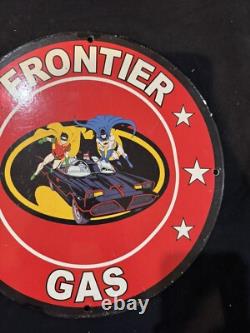Vintage Frontier Batman Porcelain Gas Station Oil Petroleum Motor Pump Lube Sign