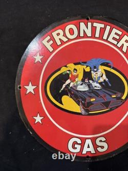 Vintage Frontier Batman Porcelain Gas Station Oil Petroleum Motor Pump Lube Sign