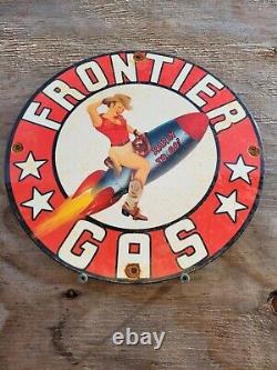 Vintage Frontier Porcelain Sign Motor Oil Gas Station Missle Rocket Rodeo Girl