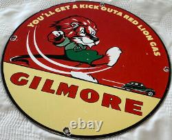 Vintage Gilmore Gasoline Porcelain Sign Gas Station Motor Oil Pump Plate Kick