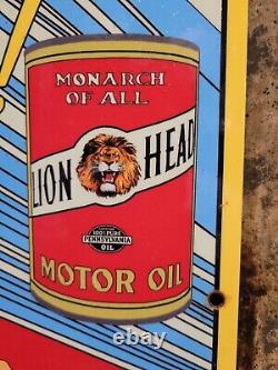 Vintage Gilmore Porcelain Sign Lion Head Fuel Car Motor Oil Automobile Service