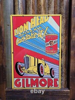 Vintage Gilmore Porcelain Sign Lion Head Fuel Car Motor Oil Automobile Service