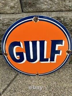 Vintage Gulf Gasoline Porcelain Sign General Store Gas Station Motor Oil Pump