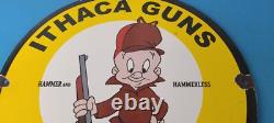 Vintage Gun Sign Ithaca Firearm Sales Porcelain Gas Oil Pump Plate Store Sign