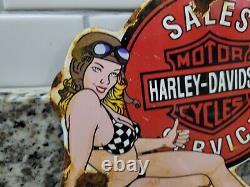 Vintage Harley Davidson Porcelain Motorcycle Girl Sign Gas Station Oil Dealer