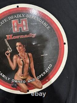 Vintage Hornady Bullets Pinup Girl Porcelain Gas Oil Ammo Guns Store Plate Sign