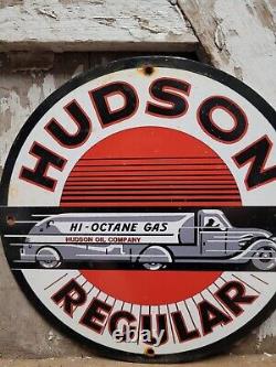 Vintage Hudson Porcelain Motor Oil Regular Hi-octane Gas Pump Plate Sign 12