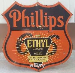 Vintage Huge Double Sided Phillips 66 Porcelain Ethyl Gas Oil Station Sign 30