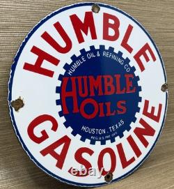 Vintage Humble Gasoline Porcelain Sign Motor Oil Gas Station Pump Plate Texas