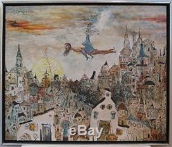 Vintage Hungarian Whimsical Folk Art Oil On Canvas Painting Laszlo Bornemisza