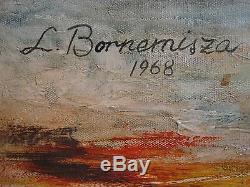 Vintage Hungarian Whimsical Folk Art Oil On Canvas Painting Laszlo Bornemisza
