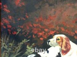 Vintage Hunting Scene Oil Painting Of Dogs, Signed