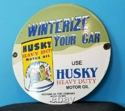 Vintage Husky Gasoline Porcelain Heavy Duty Oil Service Station Pump Plate Sign