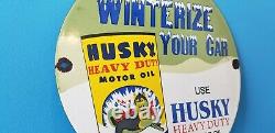 Vintage Husky Gasoline Porcelain Heavy Duty Oil Service Station Pump Plate Sign