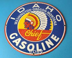Vintage Idaho Gasoline Sign Indian Chief Gas Motor Oil Pump Porcelain Sign