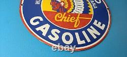 Vintage Idaho Gasoline Sign Indian Chief Gas Motor Oil Pump Porcelain Sign