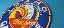 Vintage Idaho Gasoline Sign Indian Chief Gas Motor Oil Pump Porcelain Sign