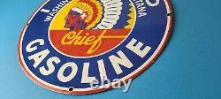 Vintage Idaho Gasoline Sign Indian Chief Gas Motor Oil Pump Porcelain Sign