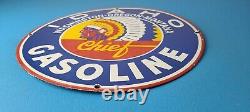 Vintage Idaho Gasoline Sign Indian Chief Gas Motor Oil Pump Porcelain Sign