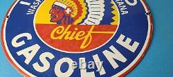 Vintage Idaho Gasoline Sign Indian Chief Gas Motor Oil Pump Porcelain Sign