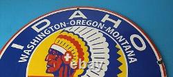 Vintage Idaho Gasoline Sign Indian Chief Gas Motor Oil Pump Porcelain Sign