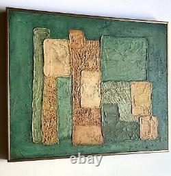 Vintage Impasto Abstract Oil Painting in Green & Orange, Artist Signed Gold 20