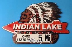 Vintage Indian Lake Sign State Park, Gas Motor Oil Pump Porcelain Indian Sign