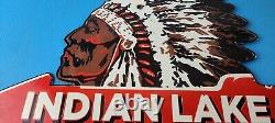 Vintage Indian Lake Sign State Park, Gas Motor Oil Pump Porcelain Indian Sign