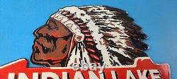 Vintage Indian Lake Sign State Park, Gas Motor Oil Pump Porcelain Indian Sign