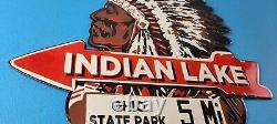 Vintage Indian Lake Sign State Park, Gas Motor Oil Pump Porcelain Indian Sign