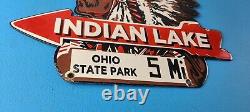 Vintage Indian Lake Sign State Park, Gas Motor Oil Pump Porcelain Indian Sign