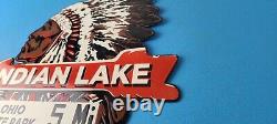Vintage Indian Lake Sign State Park, Gas Motor Oil Pump Porcelain Indian Sign