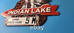 Vintage Indian Lake Sign State Park, Gas Motor Oil Pump Porcelain Indian Sign
