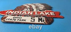 Vintage Indian Lake Sign State Park, Gas Motor Oil Pump Porcelain Indian Sign