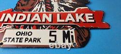 Vintage Indian Lake Sign State Park, Gas Motor Oil Pump Porcelain Indian Sign