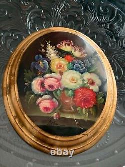 Vintage Italian gilded lacquered oil painting on oval wood flowers signed