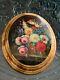 Vintage Italian Gilded Lacquered Oil Painting On Oval Wood Flowers Signed
