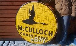 Vintage LG McCulloch Chain Saw Metal Sign Outboard Oil Mobil Socony Gas Goose
