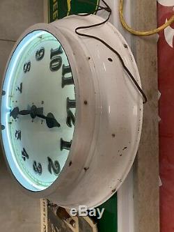 Vintage Large Porcelain NEON Shop Clock GAS OIL SODA COLA 29 x 29 x 7 STORE