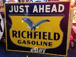 Vintage Large Richfield Gasoline Oil Tin Sign Eagle Logo Mounted Petroliana