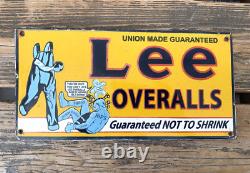 Vintage Lee Overalls Pants Gasoline Gas Oil Americana Porcelain Pump Plate Sign