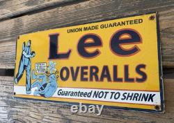 Vintage Lee Overalls Pants Gasoline Gas Oil Americana Porcelain Pump Plate Sign