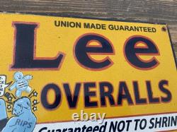 Vintage Lee Overalls Pants Gasoline Gas Oil Americana Porcelain Pump Plate Sign