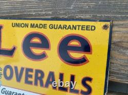 Vintage Lee Overalls Pants Gasoline Gas Oil Americana Porcelain Pump Plate Sign